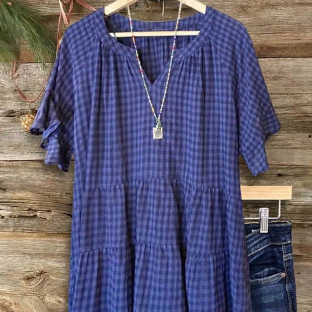 Purple Check Pleated Ruffle Blouse